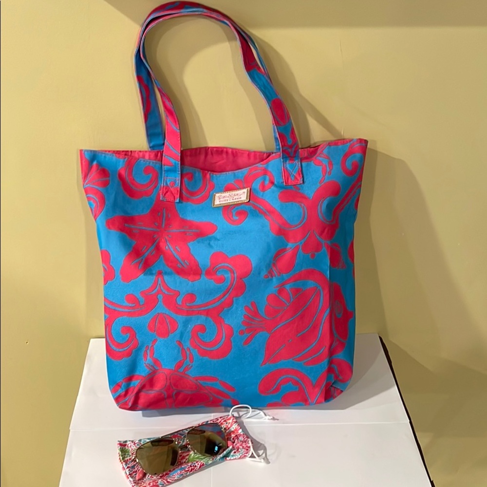 Lilly Pulitzer Bundle includes Vibrant Pink and Blue Tote Bag and Sunglasses